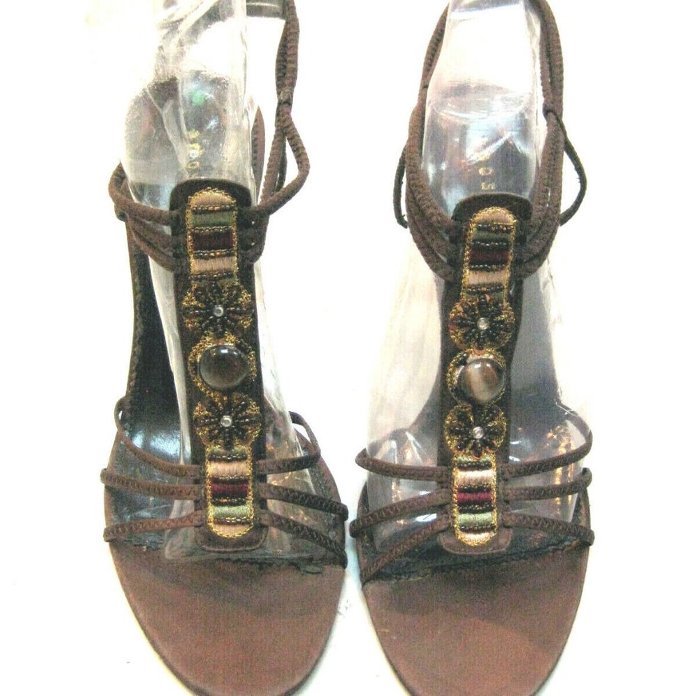 Apostrophe Reggae Brown Satin Strappy High Heel Sandals Beads Size 9.5